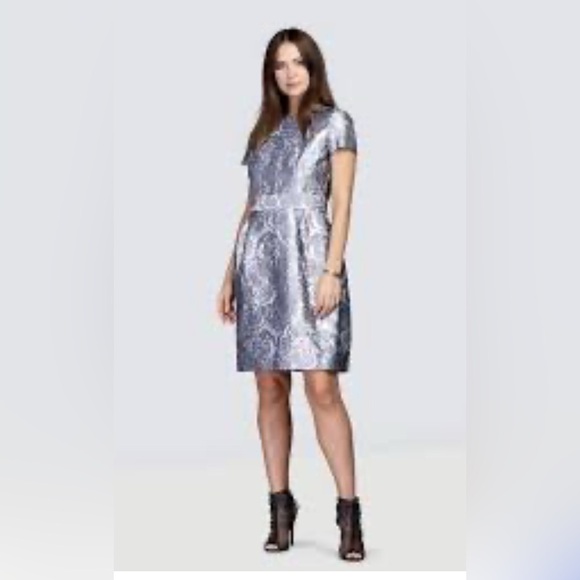 CH Carolina Herrera Grey Floral Embossed Jacquard Belted Knee Length Dress s 2 - Picture 2 of 13